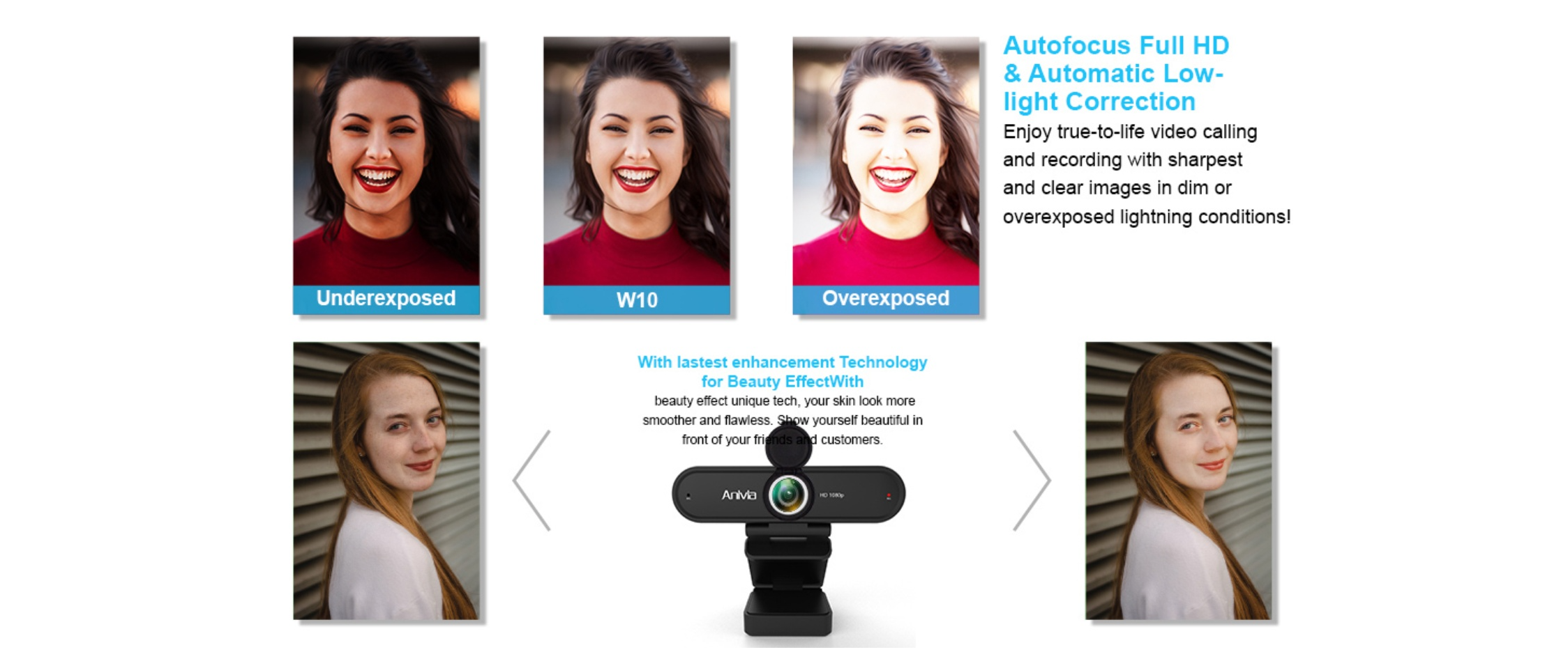 Anivia webcam,auto low light correction,beauty effect,image exposure adjustment
