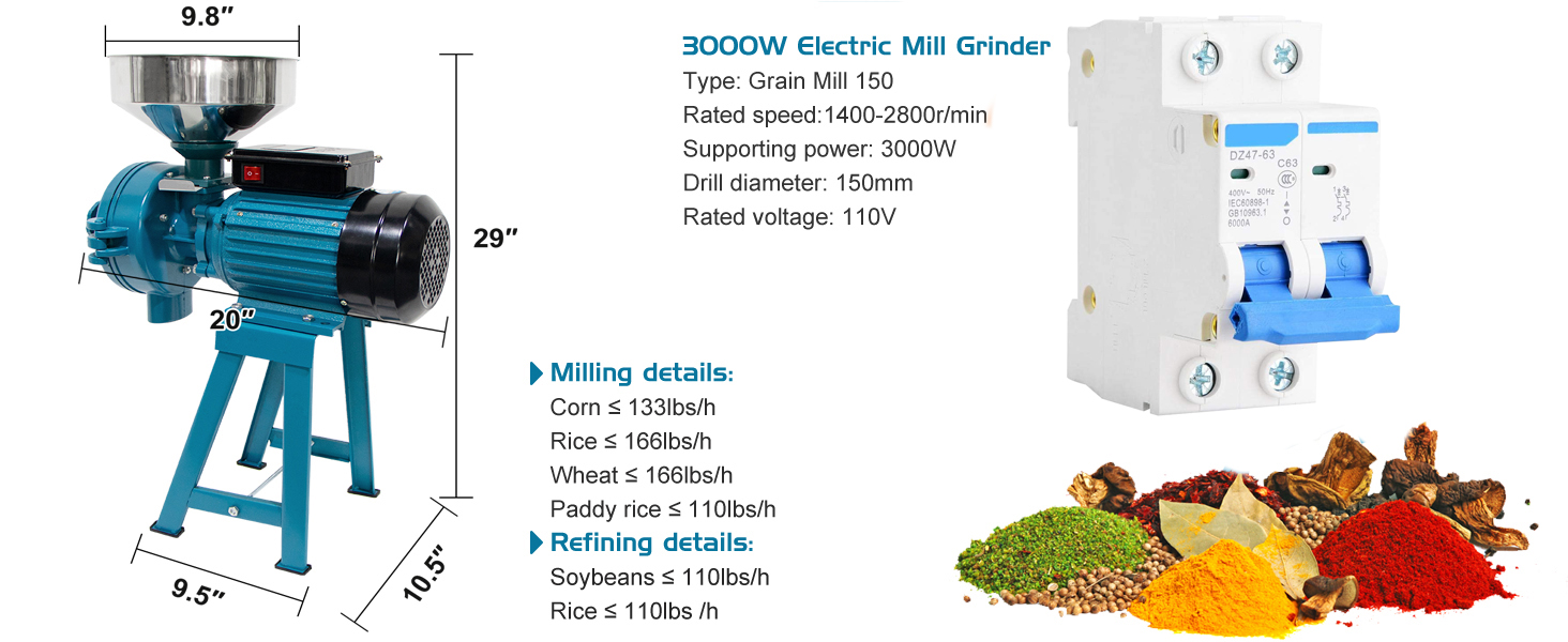 LILYPELLE Electric Grain Mill Grinder Corn Grinder, 110V 3000W