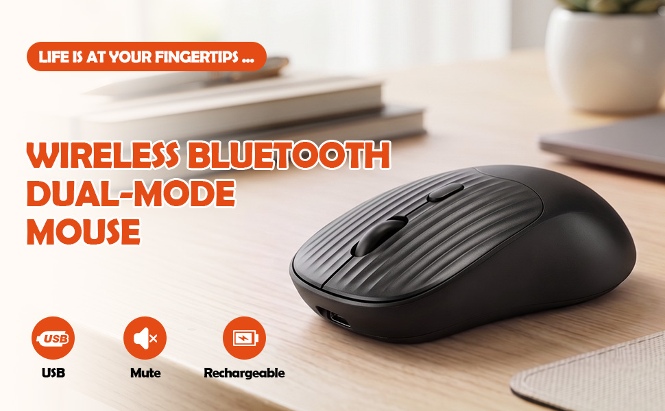 Wireless Bluetooth Mouse, Dual Mode Rechargeable Silent Slim Laptop Mouse, Portable(BT5.2+USB Receiv