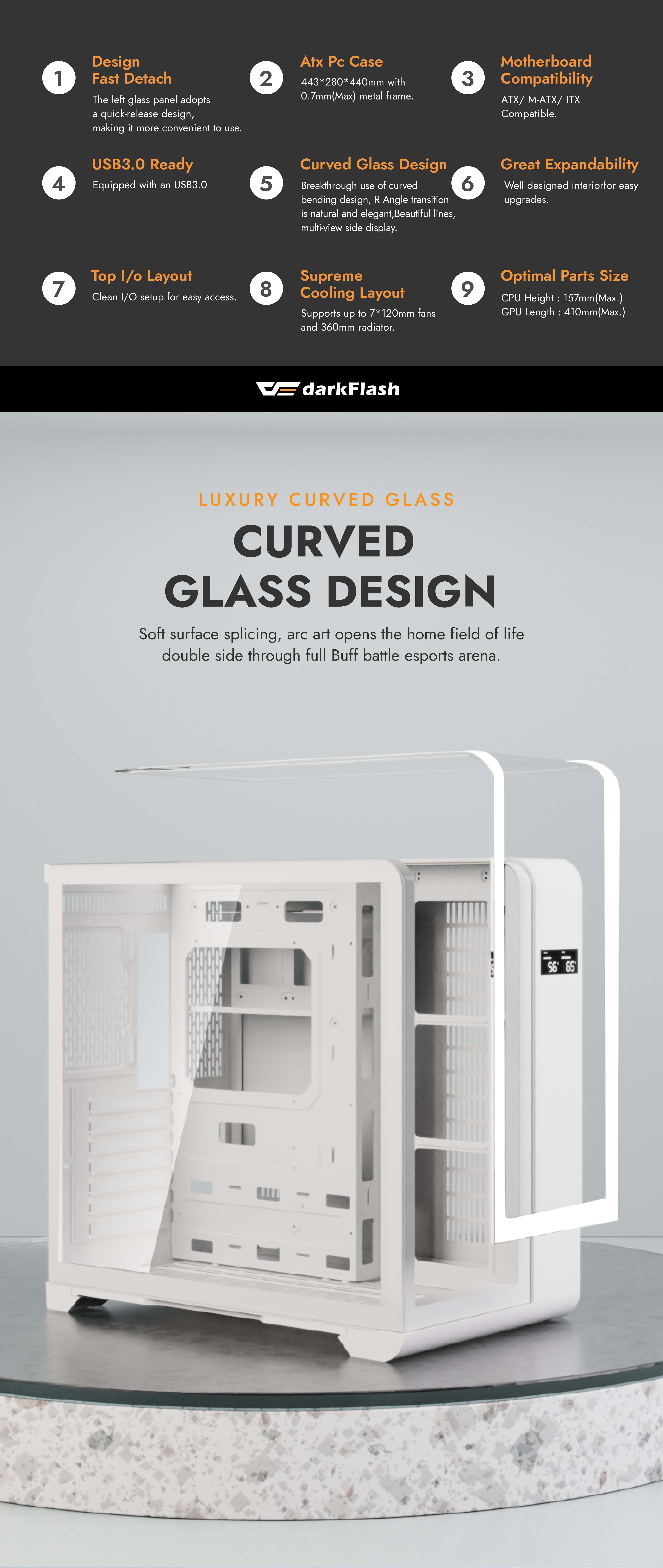 darkFlash L280, ATX Mid-Tower PC Gaming Case with Dual Real-Time Display