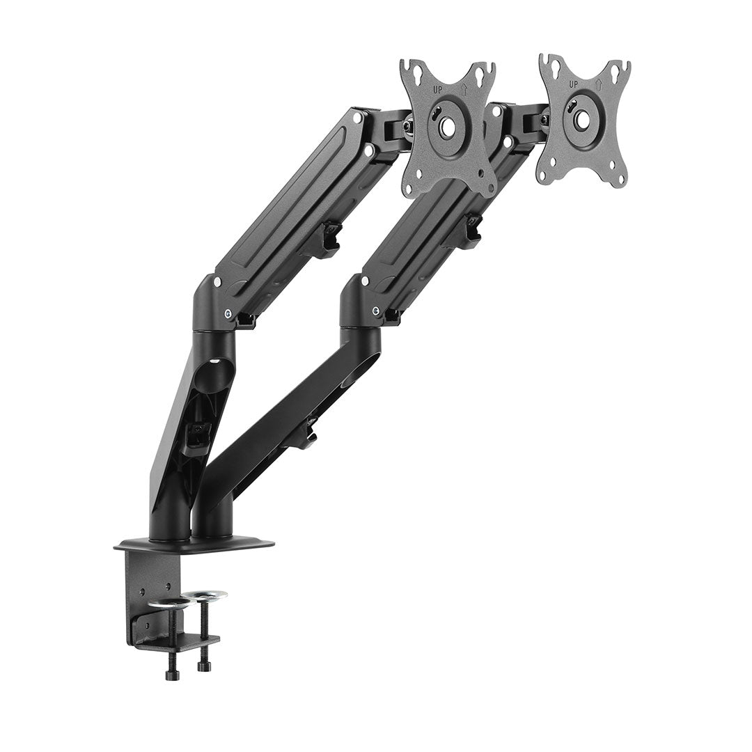gas spring dual monitor arm, ergonomic two-screen desk mount, affordable adjustable VESA mount