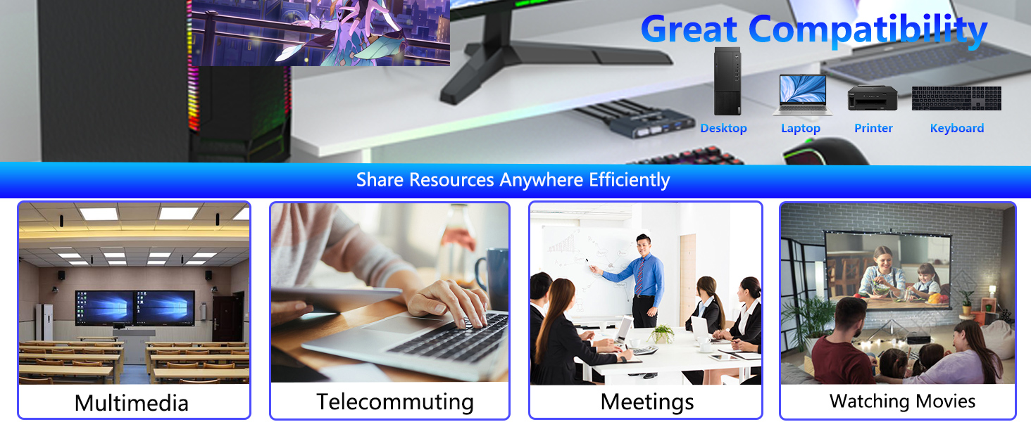 The KVM Switch usb comes with 4 USB 3.0 ports with transfer rates up to 5Gbps for connecting periphe