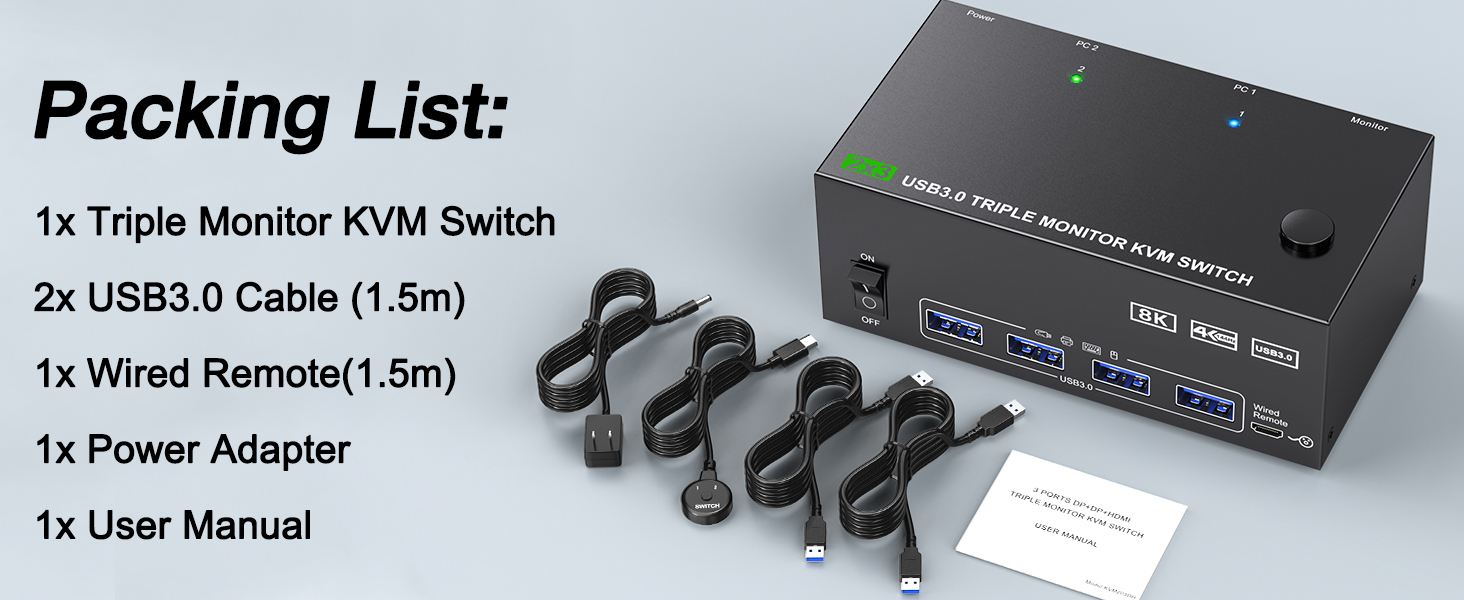 3 monitors KVM switch with 4 USB 3.0 ports for keyboard, mouse, printer and other peripheral USB dev