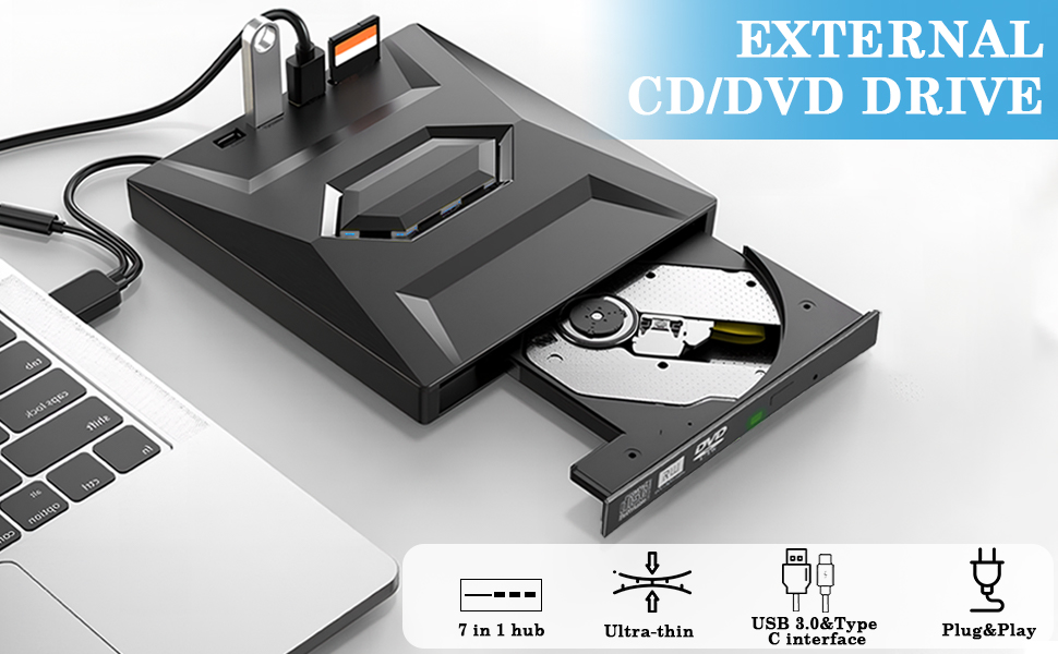 SMA 5-in-1 External CD DVD Drive, USB C & USB 3.0 Portable CD/DVD +/-RW Drive/DVD Player with SD Car