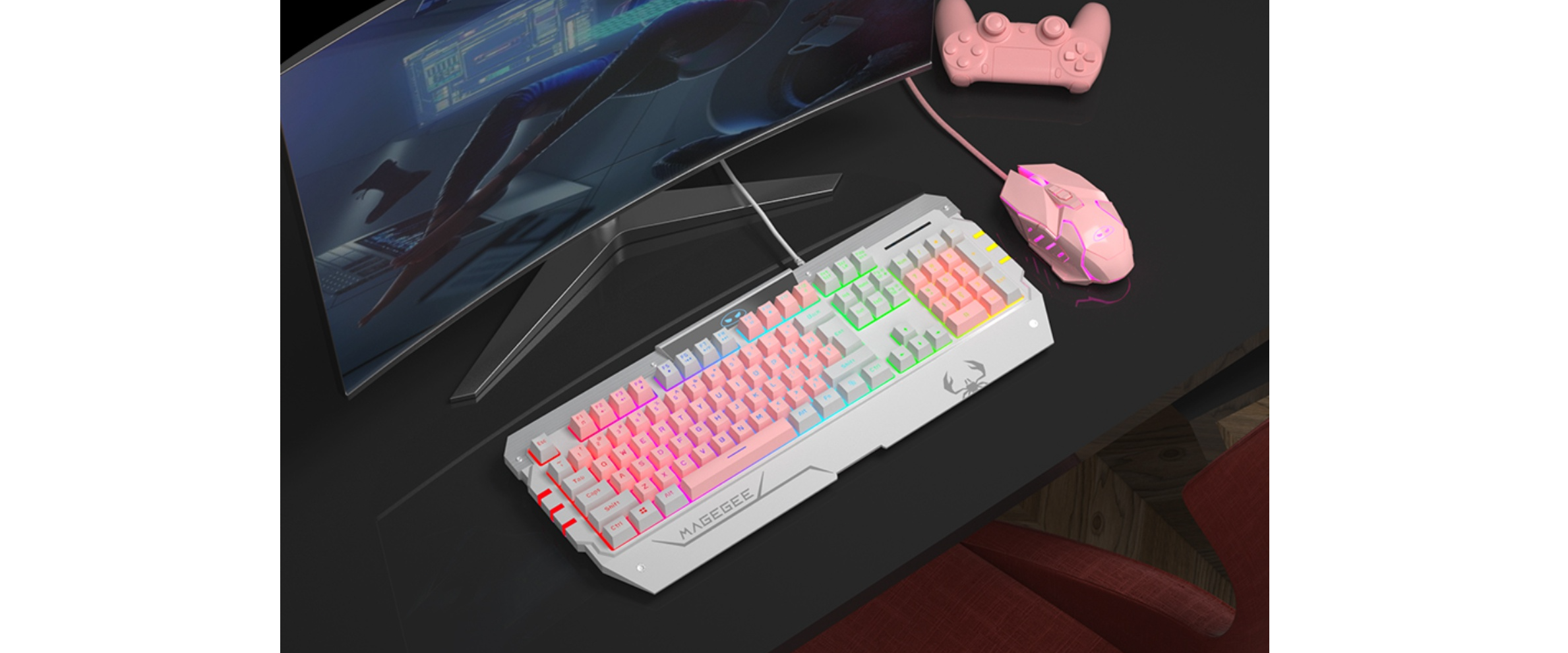 Pink white keyboard mouse set, gaming desk, monitor, game controller
