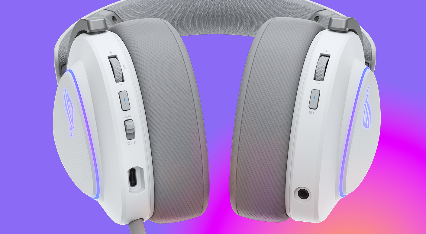 Bottom view of ROG Delta II showing function buttons on the right earcup for Bluetooth and on the left earcup for 2.4 GHz RF audio control