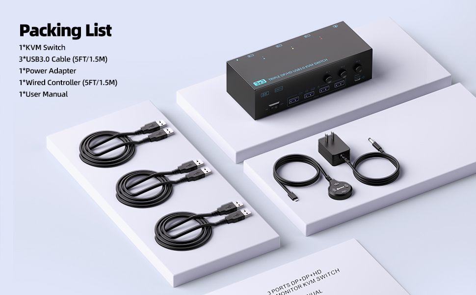 KVM Switch, 8K@60Hz HDMI + 2 DP KVM Switches 3 Monitors 3 PCs with 4 USB 3.0 Ports, KVM Switch for 3