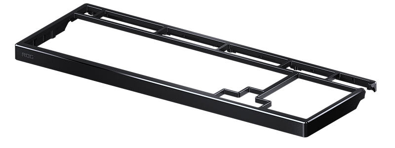 Slanted view of the ROG Azoth 96 HE showcasing its refined wraparound metal top cover