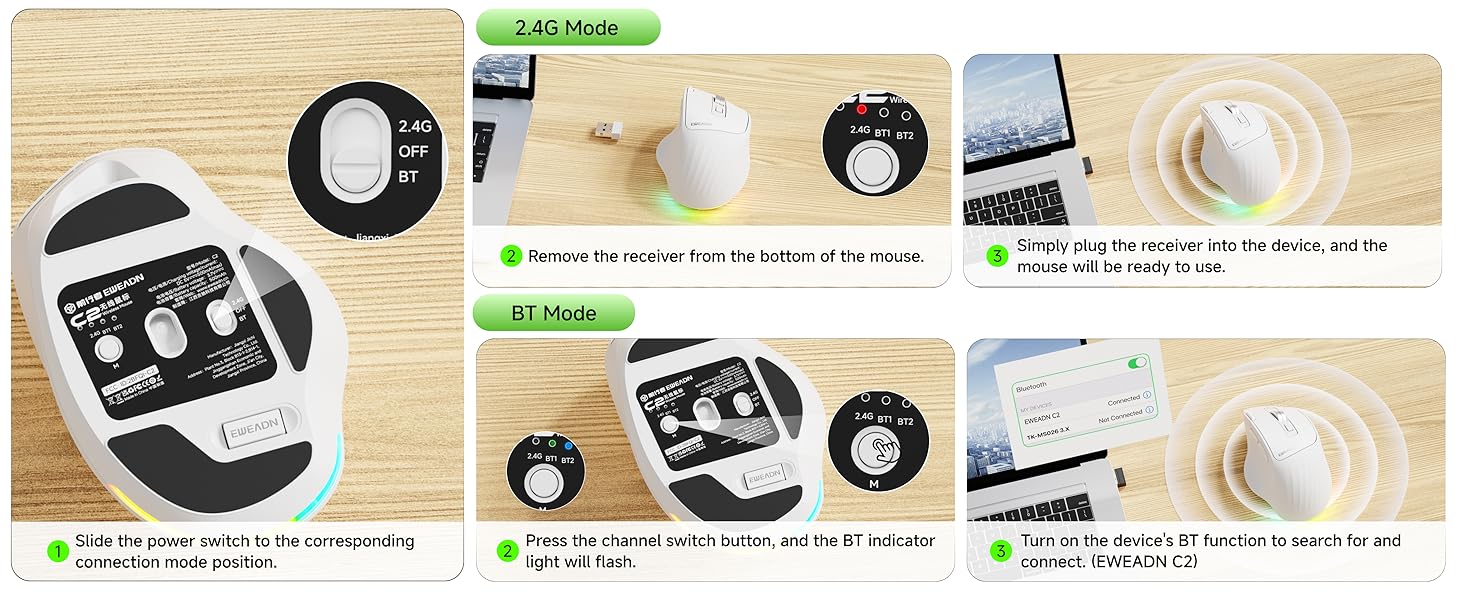 Ergonomic Wireless Mouse, 2.4G & Bluetooth Wireless Mouse for Laptop, Silent Click Dual-Mode
