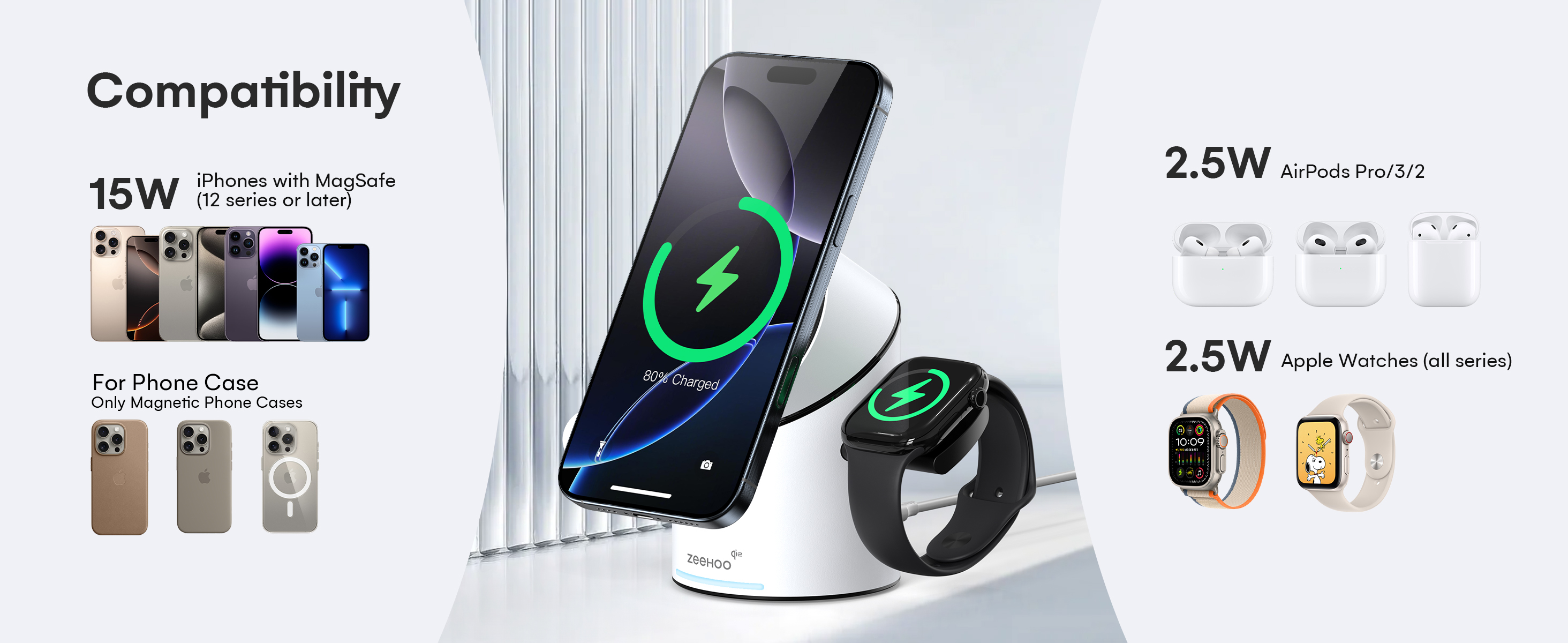 ZEEHOO, 3-in-1 Wireless Charging Station, CylinTrick-R, 15W Qi2 Fast Charge