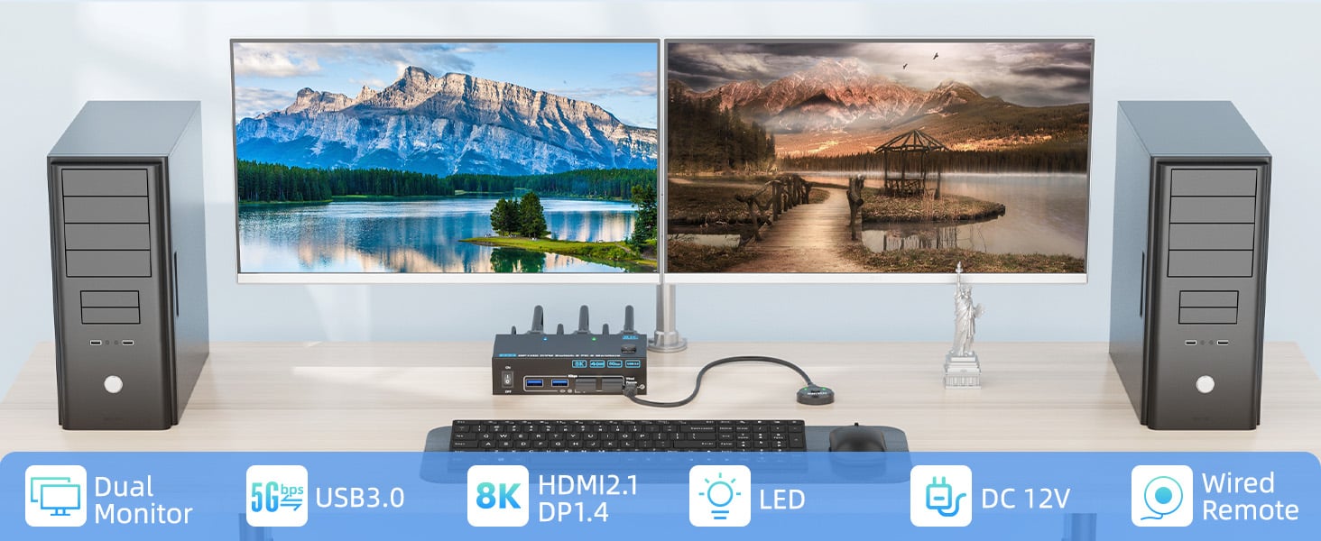 A set of wired/wireless keyboard mouse controls two computers, sharing two monitors, suitable for us