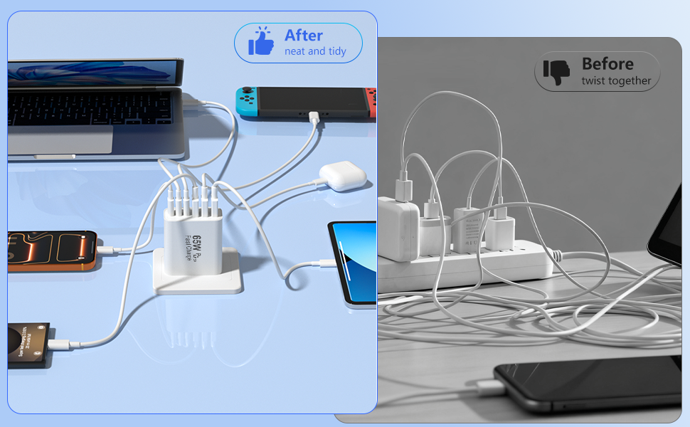 USB C Charger Block, 2 Pack 65W 6 Port USB C Wall Charger,6 in 1 USB Charger Fast Charging PD+QC Pow