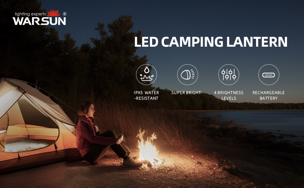 LED CAMPING LANTERN IPX5 SUPER BRIGHT BRIGHTNESS LEVELS RECHARGEABLE BATTERY