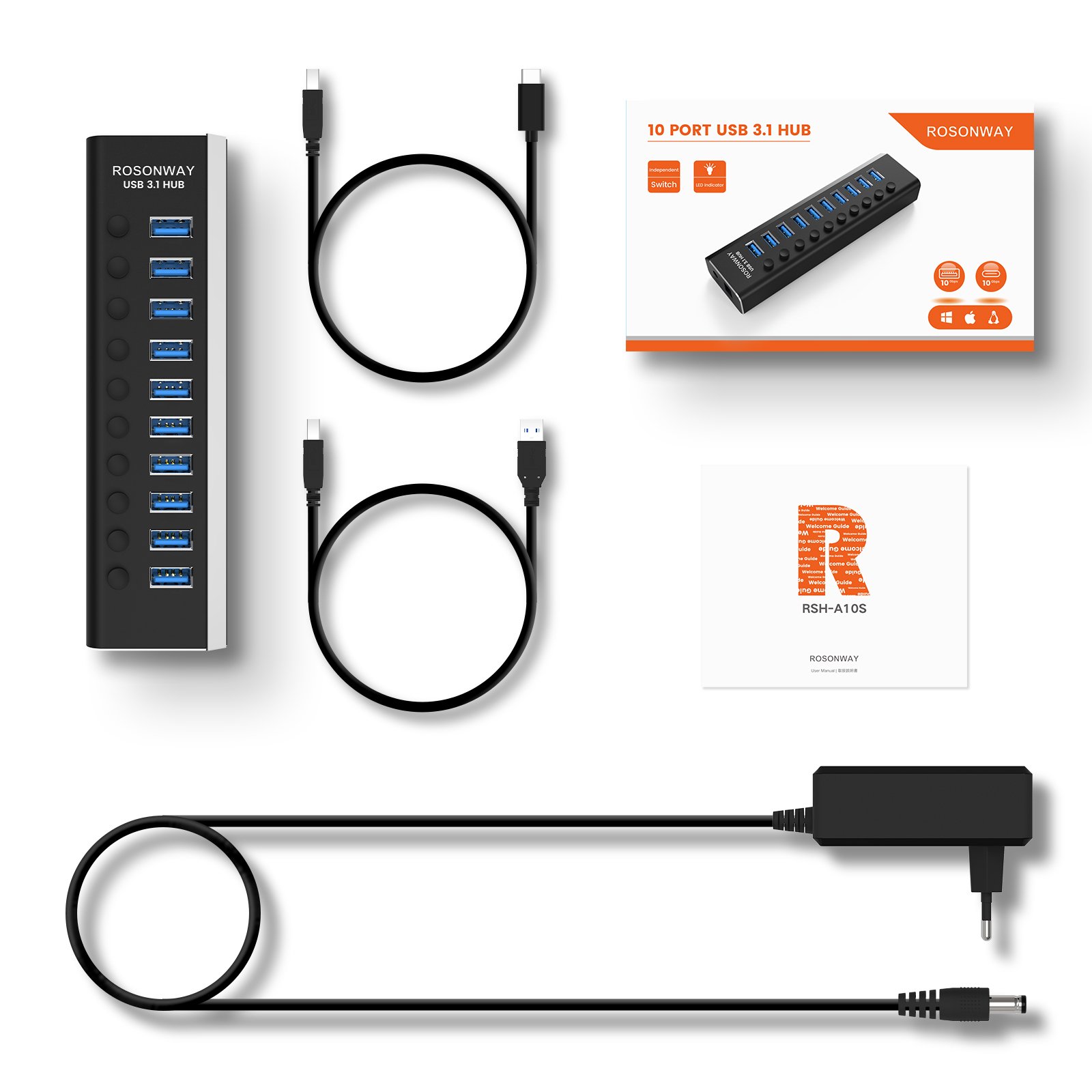 Powered USB Hub, Rosonway 7-Port USB 3.2/USB C Hub with 10Gbps USB-A 3.2, 2  USB-C 3.2, 4 USB 3.0 Ports, Individual Switches and 12V Power Adapter