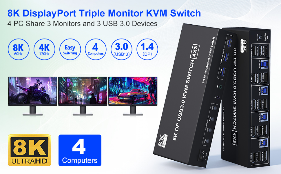 8K@60Hz 4 Port USB 3.0 Triple Monitor 3 DisplayPort KVM Switch for 4 Computers Sharing 3 Monitor and