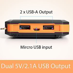 Dual 5V/2.1A USB(USB-A), allows to charge two devices simultaneously, compatible with all cellphones