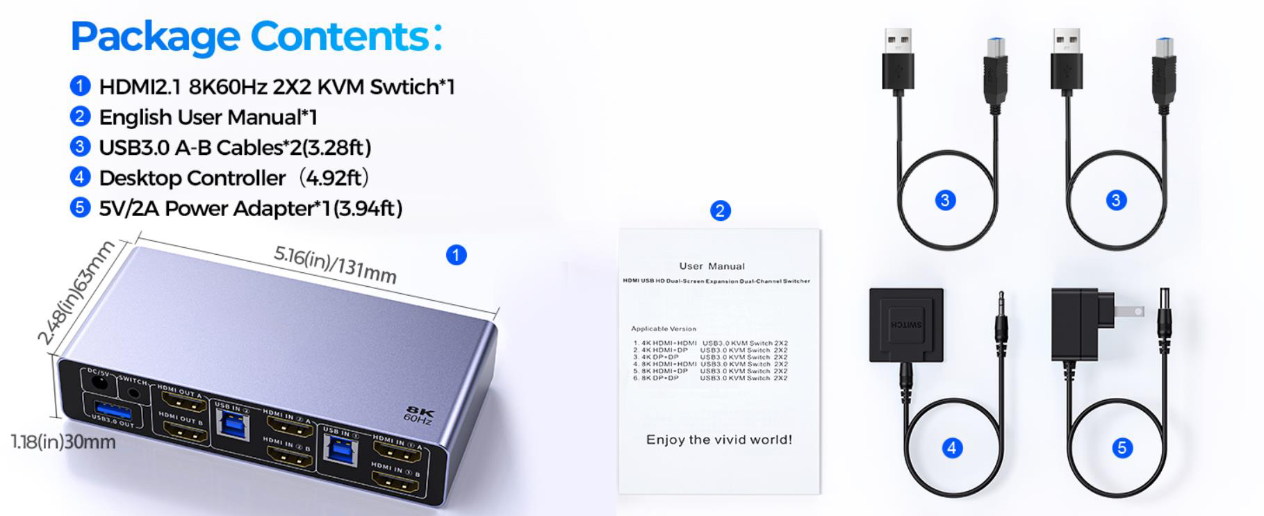USB 3.0 HDMI KVM Switch 2 Monitors 2 Computers, 8K@60Hz 2 Ports Dual Monitor HDMI KVM Switch
