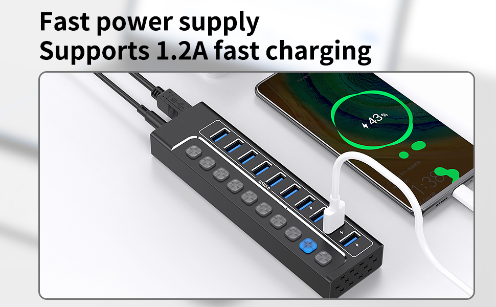Powered USB Hub 3.0, 10-Port USB 3.0 Hub Splitter with Individual Switches and Indicator Lights, 10