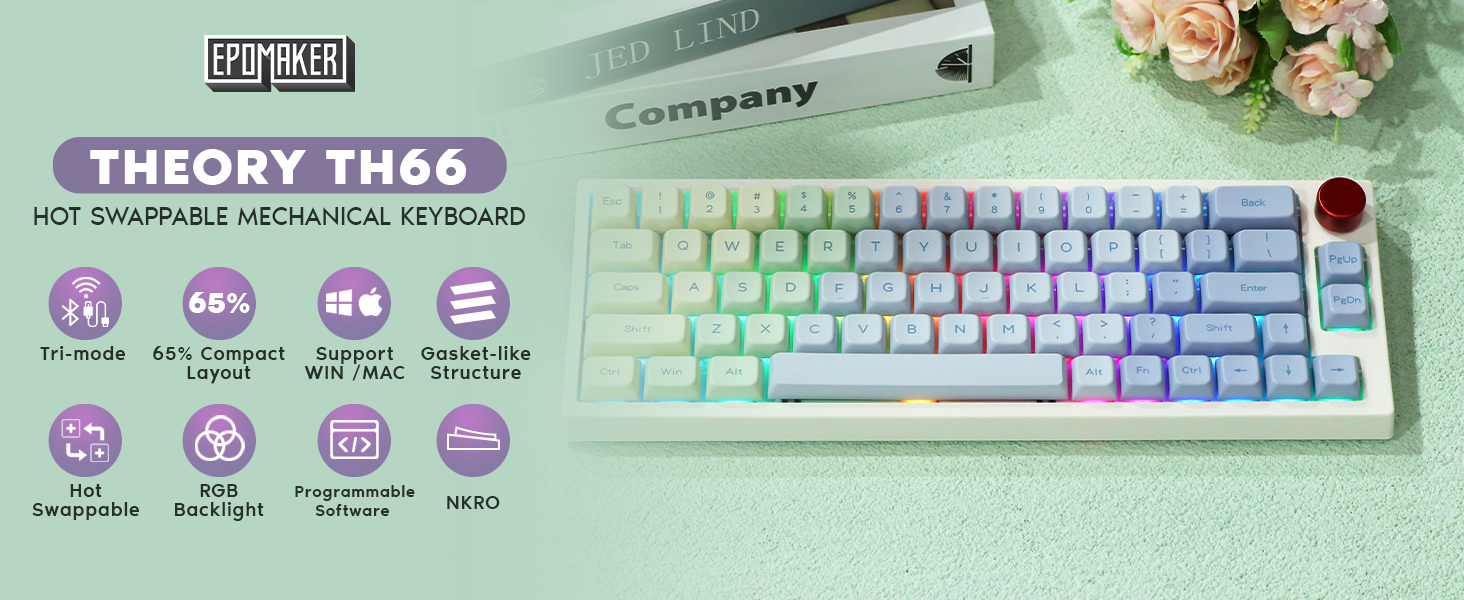 Epomaker TH66 Pro 65% Hot Swappable RGB 2.4Ghz/Bluetooth 5.0/Wired  Mechanical Gaming Keyboard with MDA PBT Keycaps, Knob Control for Mac/Win TH66 Monet, Flamingo Switch) Gaming Keyboards