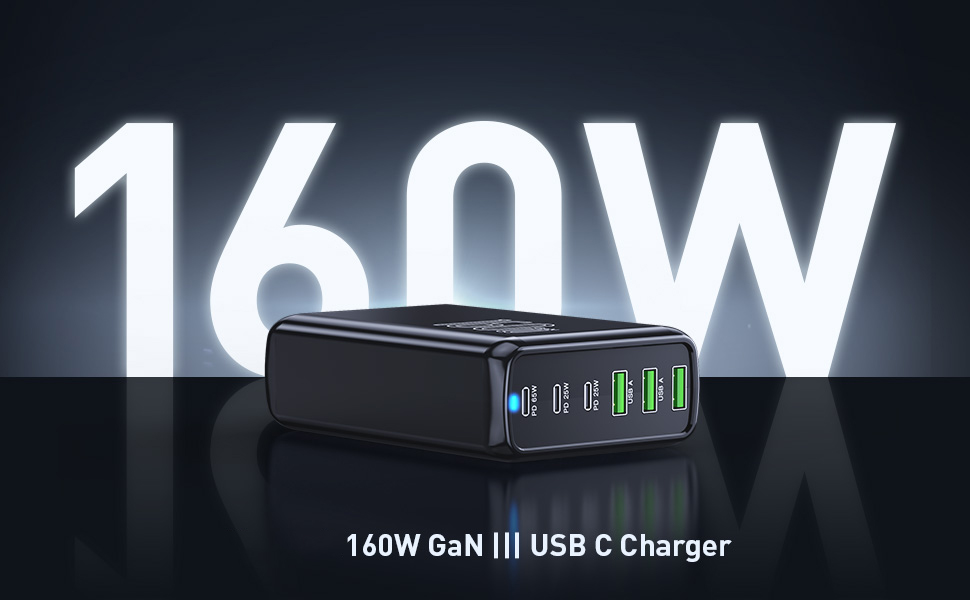 Hitoor 160W USB C Charger, 6 Ports USB Charger GaN III Fast Desktop Charger with 3 USB-C +3 USB-A, 6