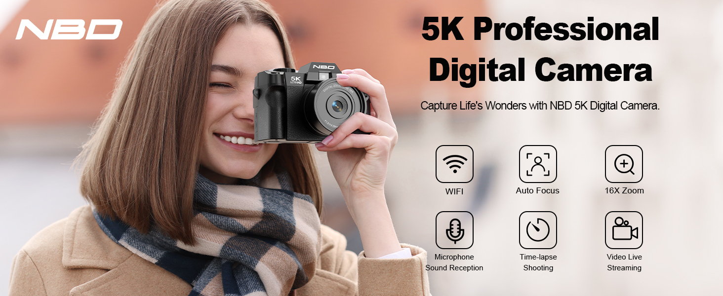 NBD 5K 64MP vlog camera with autofocus,16X zoom,WiFi,microphone & flip screen