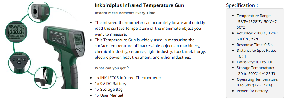 INKBIRDPLUS Temperature Gun Infrared Thermometer for Cooking, Digital Laser  Thermometer Gun for Pizza Oven