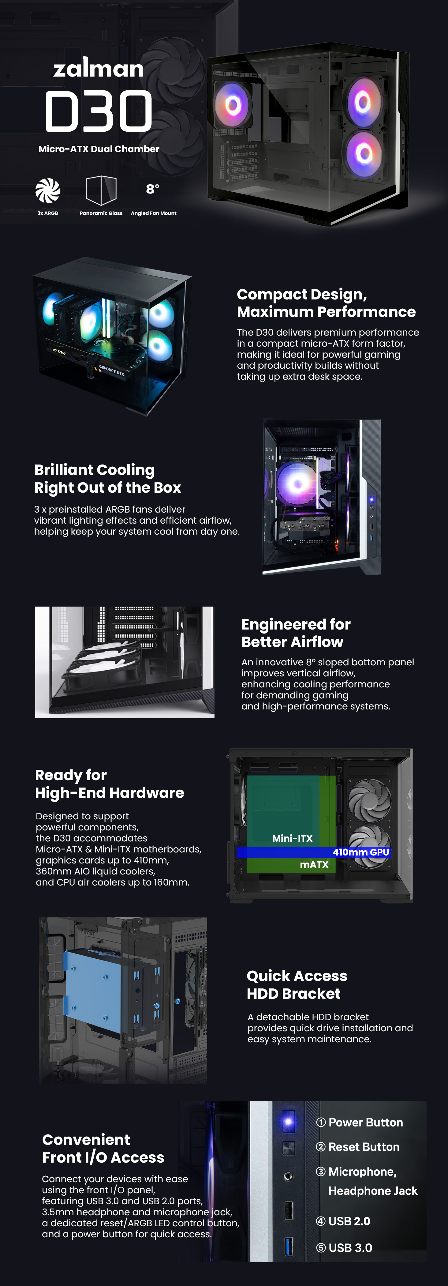 Zalman D30 Micro ATX Mini Tower Desktop ARGB Case