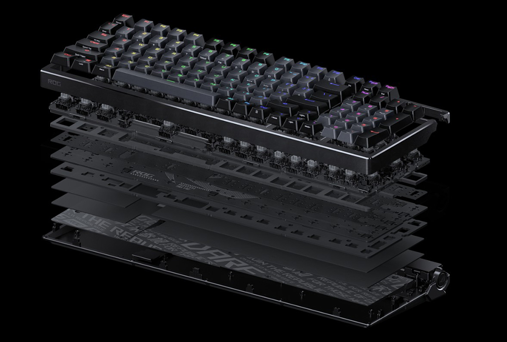 Exploded view of the ROG Azoth 96 HE showing all internal layers including keycaps, top cover, switches, positioning plate, dampening pads and bottom case