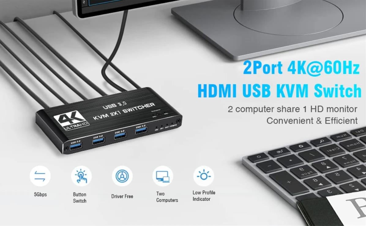 AUTYUE 2 Port HDMI KVM Switch 2 in 1 Out, 4 port - USB 3.0 HDMI KVM Switches 4K@60Hz for 2 Computers