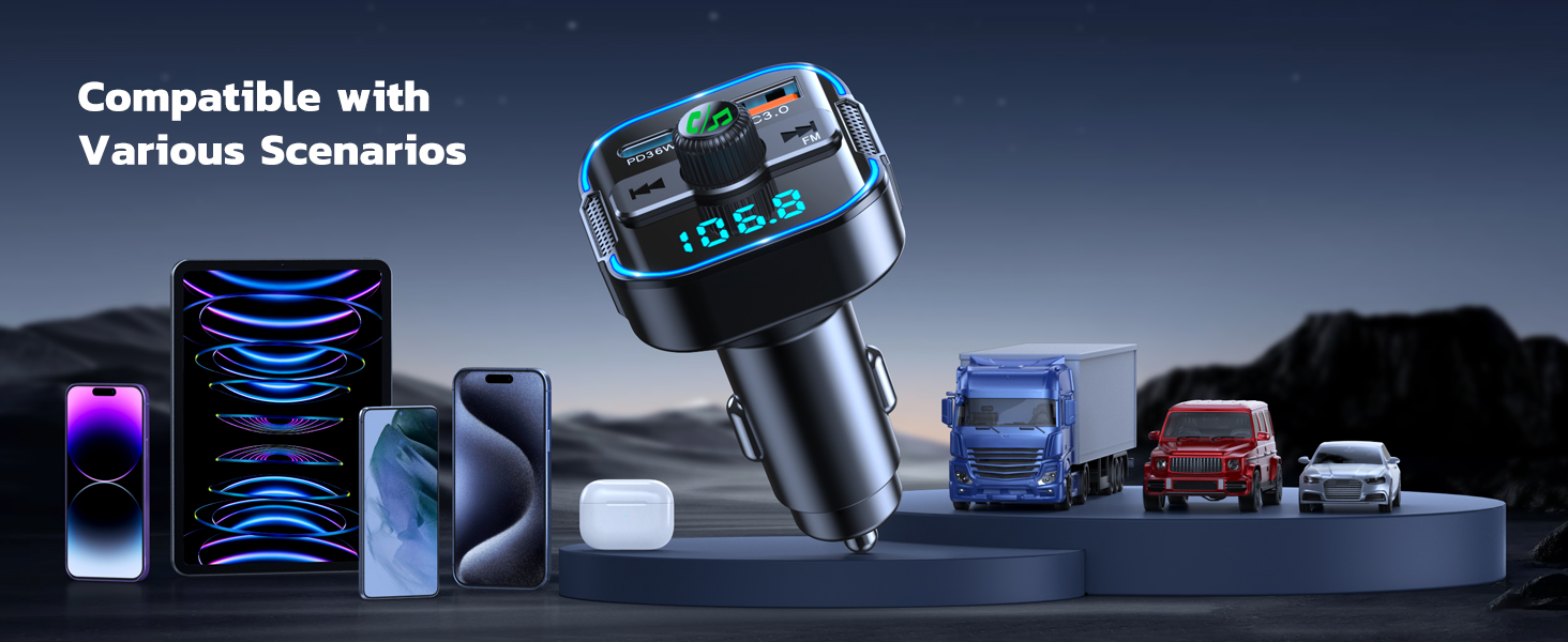 Upgrade Bluetooth 5.3 Car Adapter [PD 36W+QC3.0 18W], 2-in-1 FM Transmitter [Dual Stronger Mics] & F