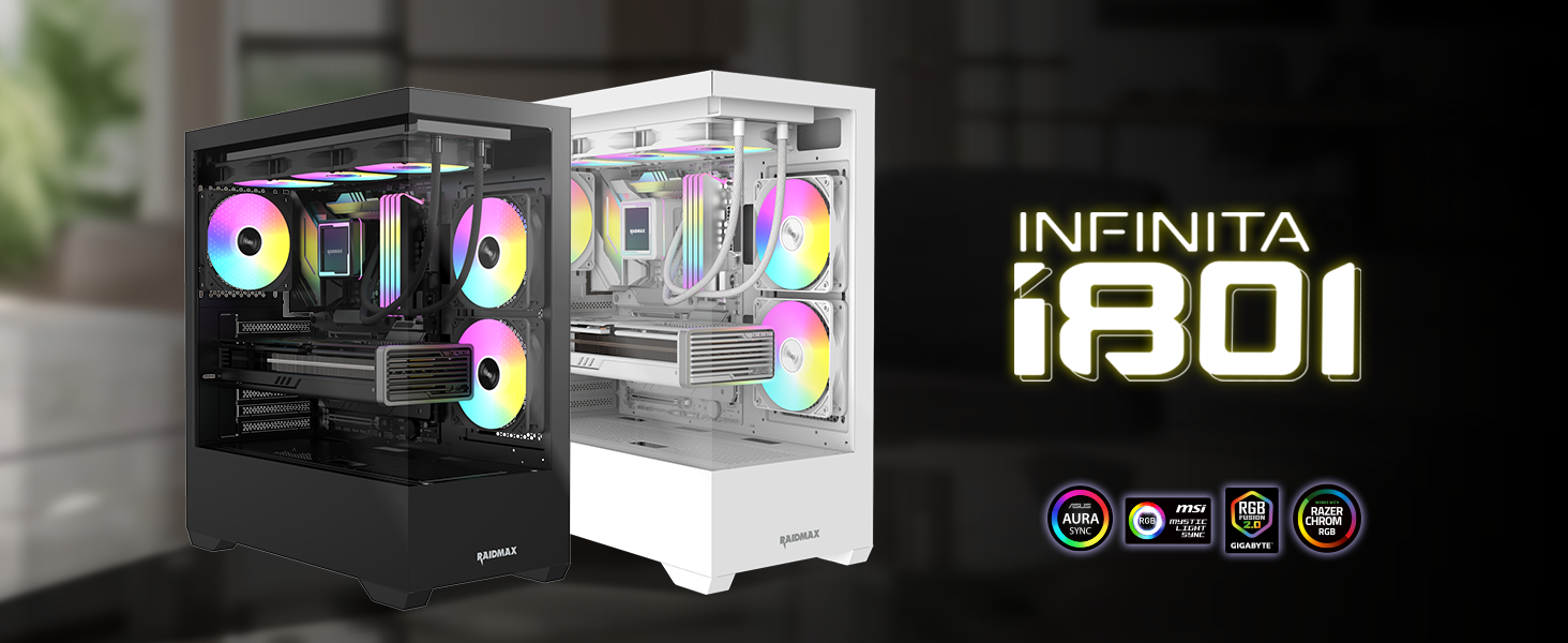 Raidmax i801 ATX gaming mid tower chassis, 270 panoramic tempered glass, ARGB 120mm fans