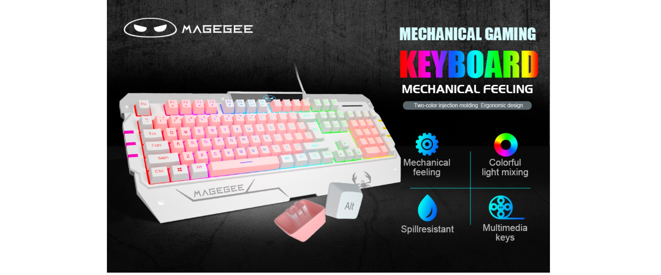 EACH mechanical-feel gaming keyboard, double injection keycaps, spill resistant, colorful mixed RGB