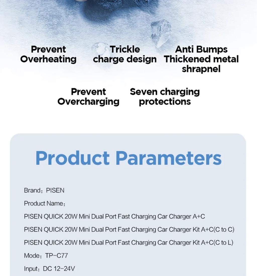 PISEN-Quick USB-C+USB-A 20W Mini Car Charger