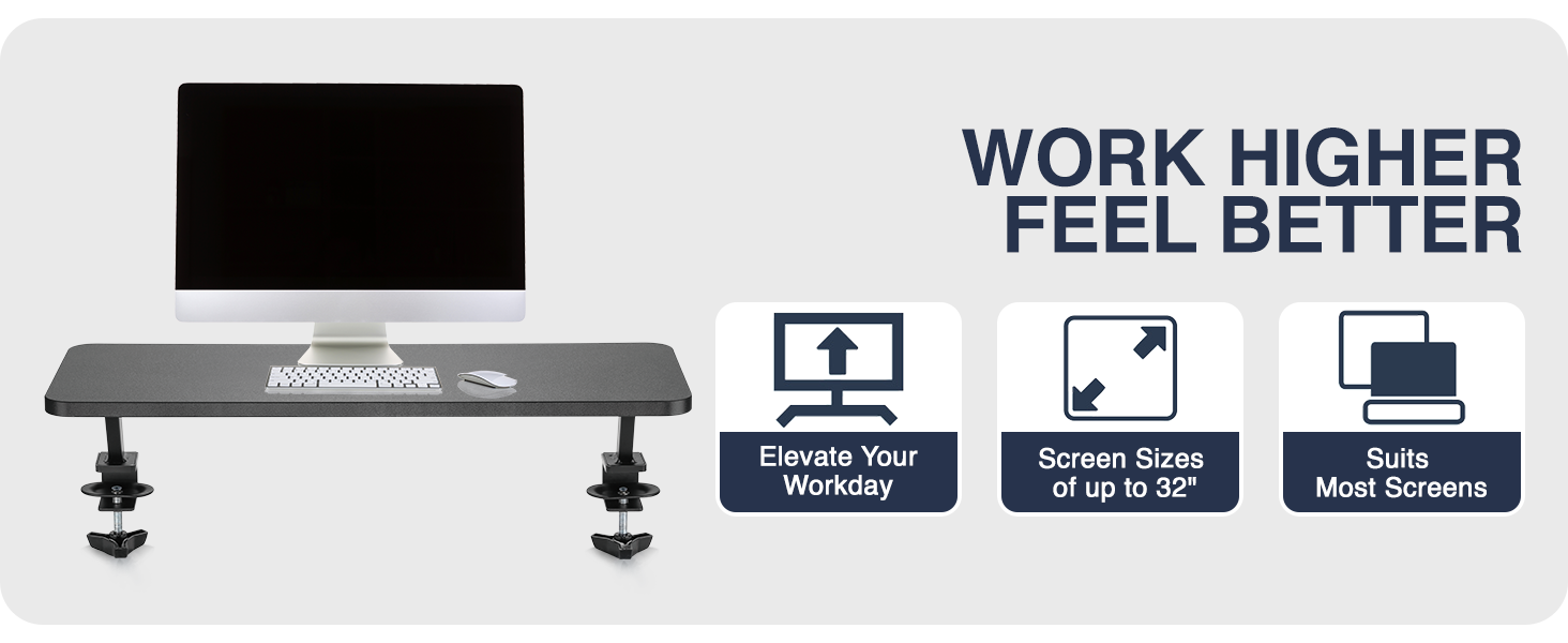monitor riser, desk shelf, monitor stand, clamp-on shelf, ergonomic riser, space-saving shelf