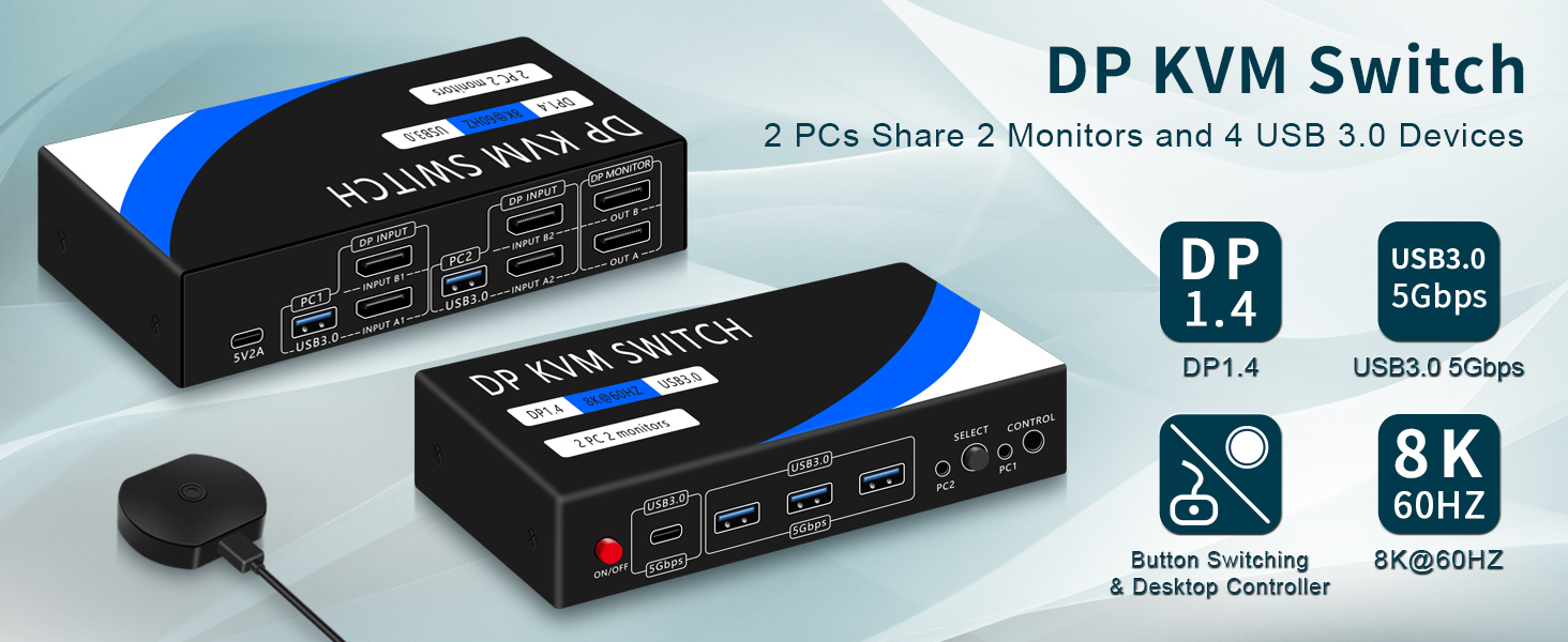 IHDAPP 2 Port Displayport Dual Monitors KVM Switch 2 Monitors 2 Computers, 8K@60Hz USB 3.0 DP KVM Sw