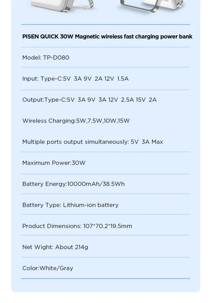 PISEN TP-D080 30W magnetic fast charging wireless power bank
