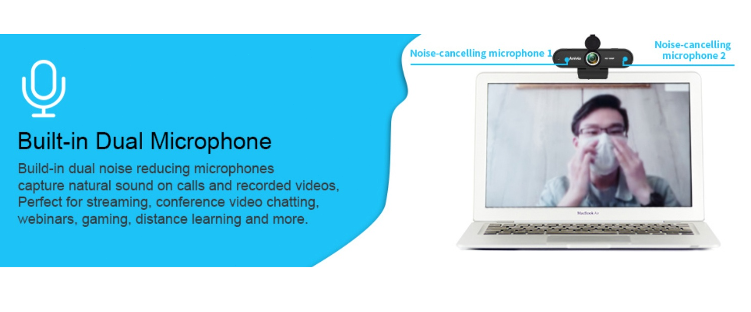 INMISS webcam, built-in dual noise cancelling microphone, streaming, webinar, online class