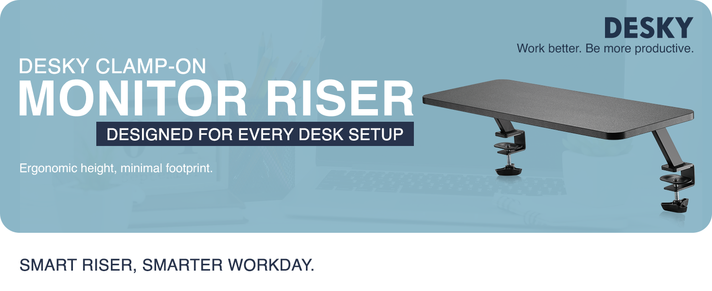 monitor riser, desk shelf, monitor stand, clamp-on shelf, ergonomic riser, space-saving shelf