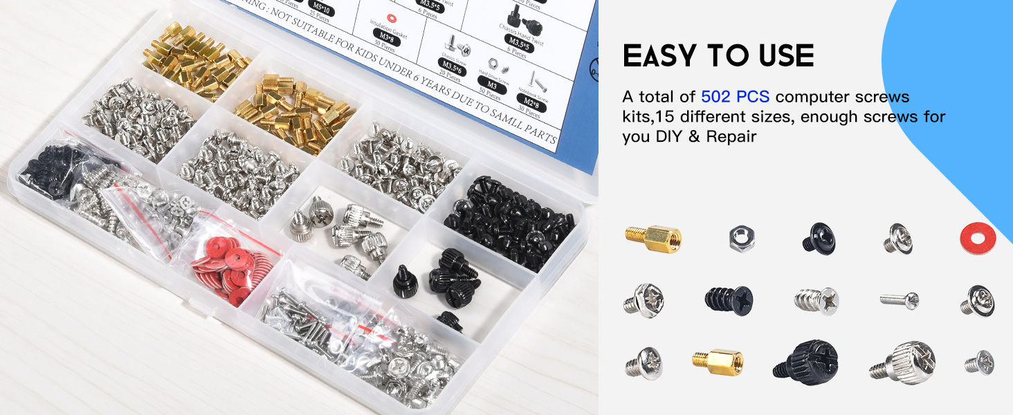thumbnail image 2 of Keadic 450Pcs Computer Screws Assortment Kit Motherboard Standoffs Screws For Hard Drive Computer Case Mainboard Fan Power Graphics Pc Installation Repair 2 of 10