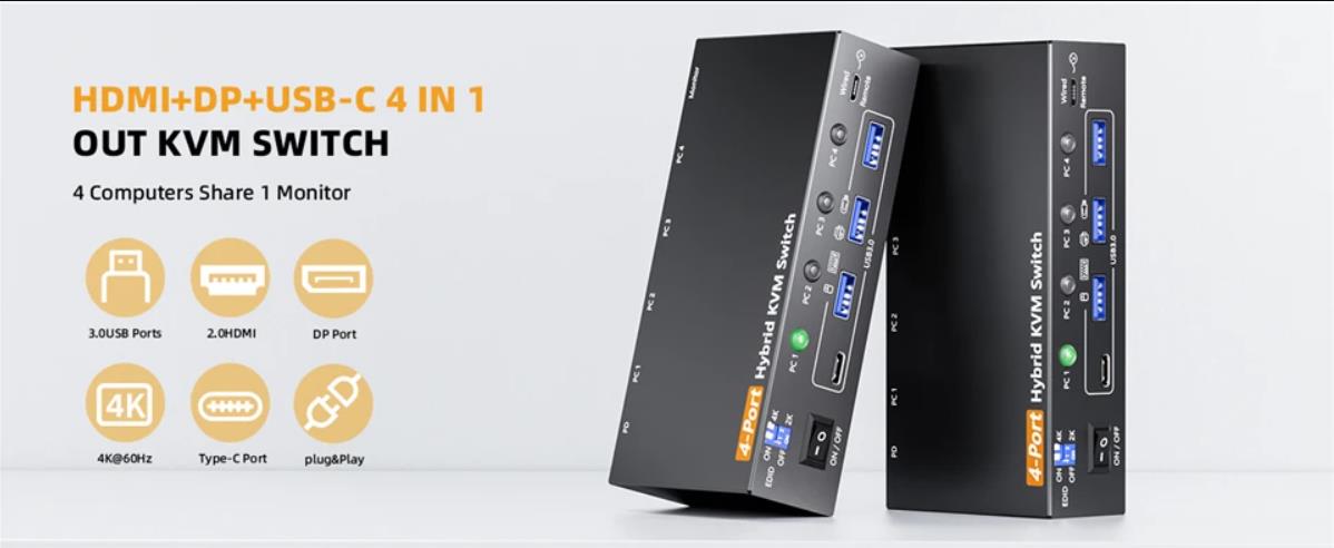 KVM Switch 1 Monitors 4 Computers USB-C HDMI DP, EDID Emulator USB 3.0 HDMI KVM Switch