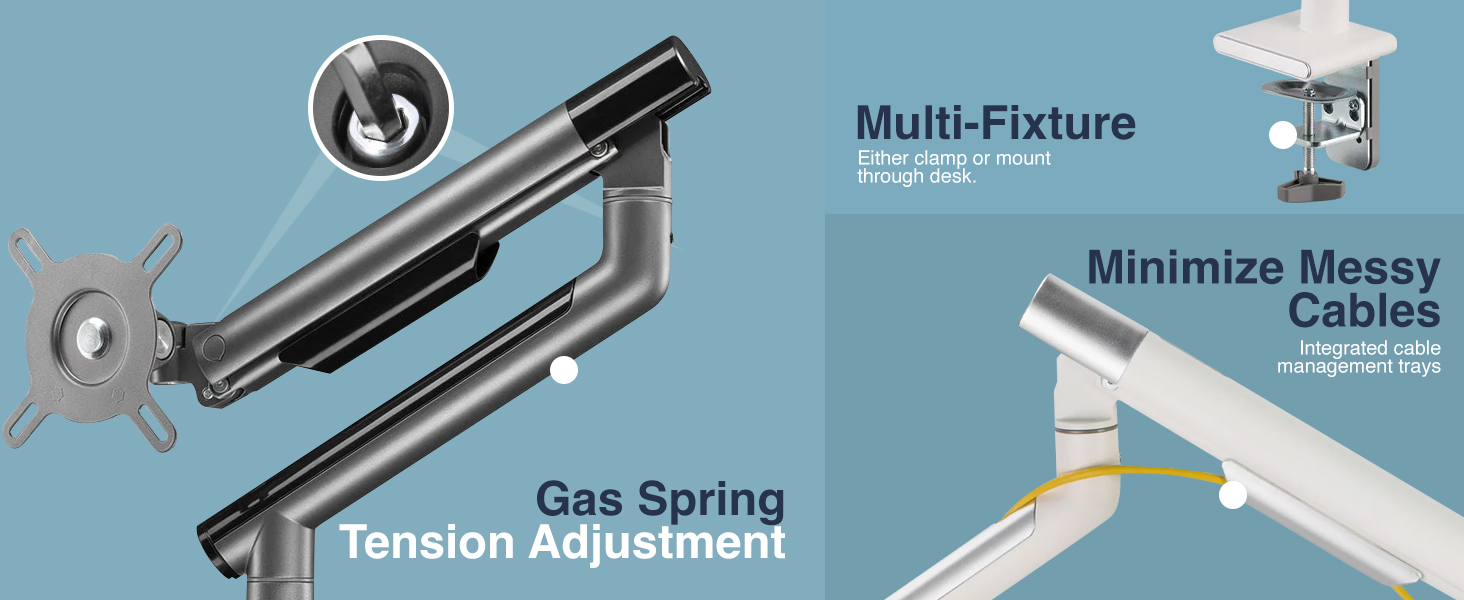 slim monitor arm, minimalist monitor mount, single monitor arm, low-profile, ergonomic, gas spring