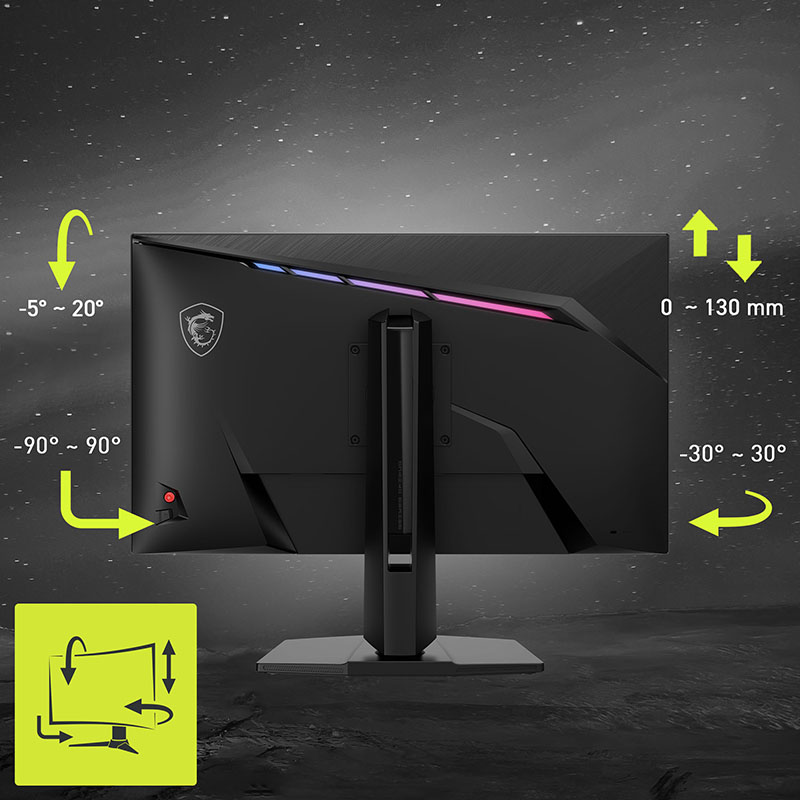Adjustable monitor stand showing pivot, swivel, tilt and height