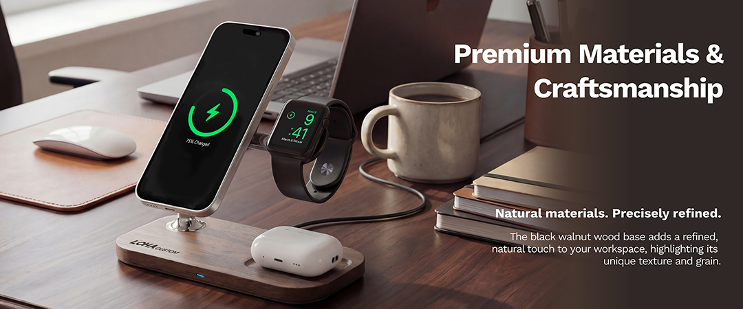 Premium black walnut wood wireless charger stand with refined craftsmanship