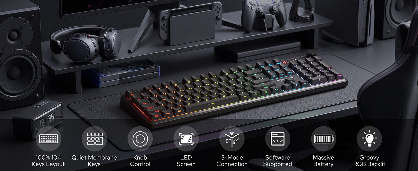 Redragon K526 PRO Wireless RGB Membrane Gaming Keyboard, LED Screen & Knob