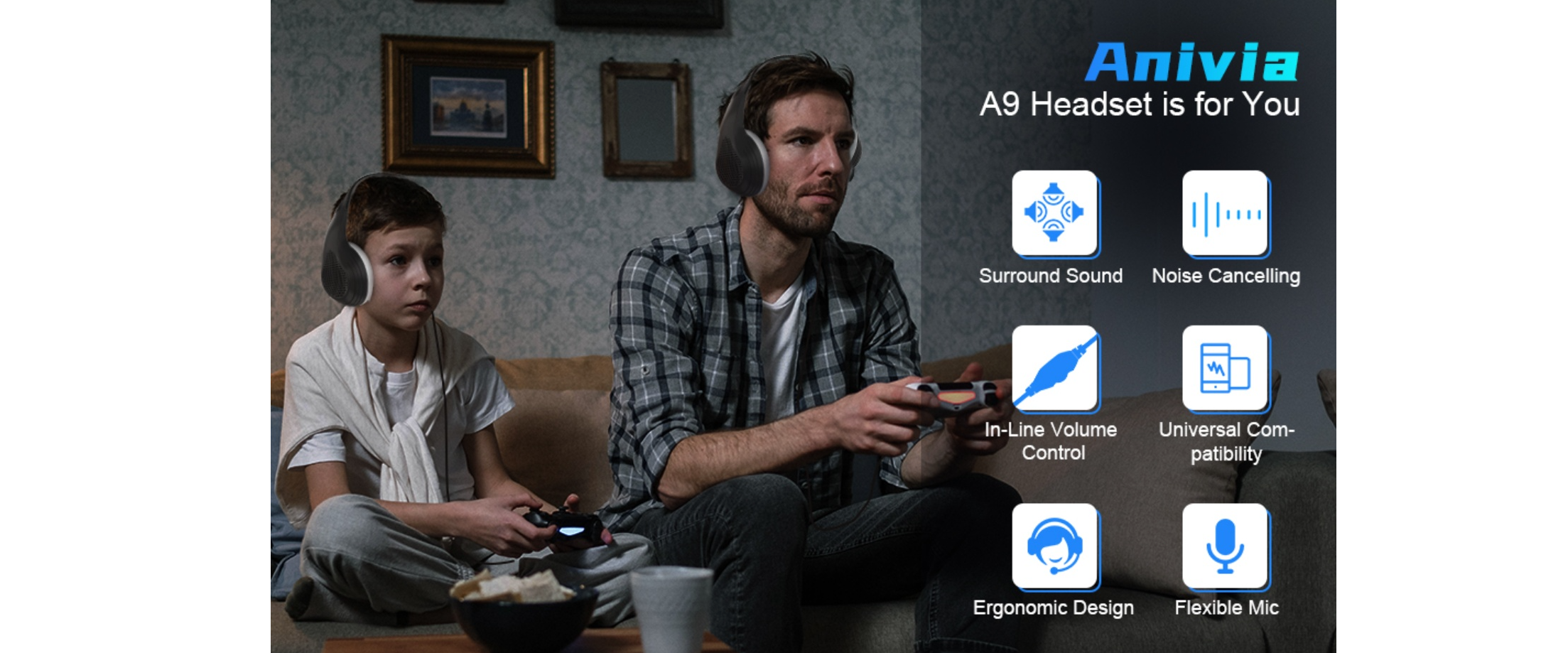 Anivia A9 gaming headset, family gaming, surround sound