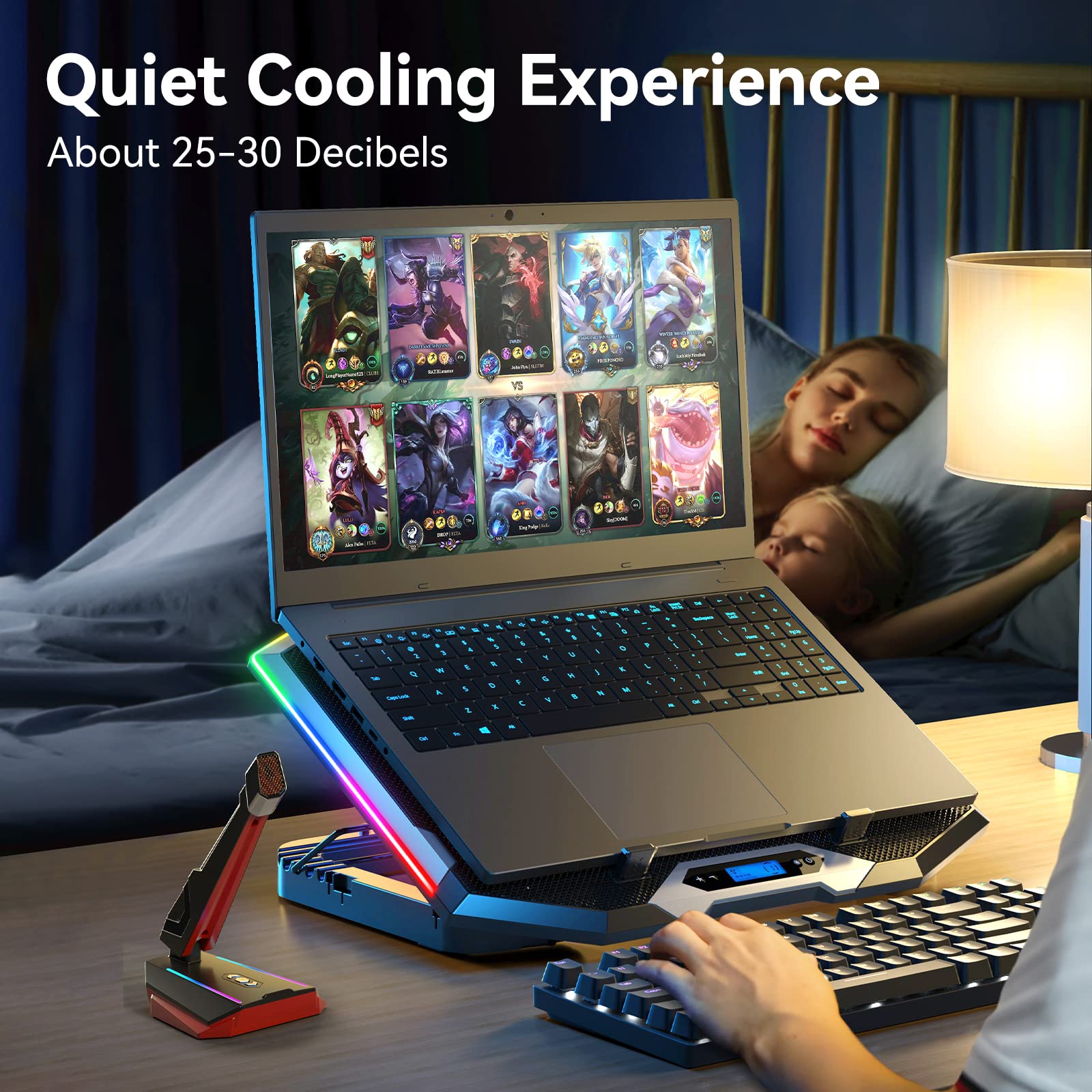 This RGB Laptop Cooling Pad - The Most Powerful Rapid Action Cooling Fan - Laptop Stand with 8 Cooli