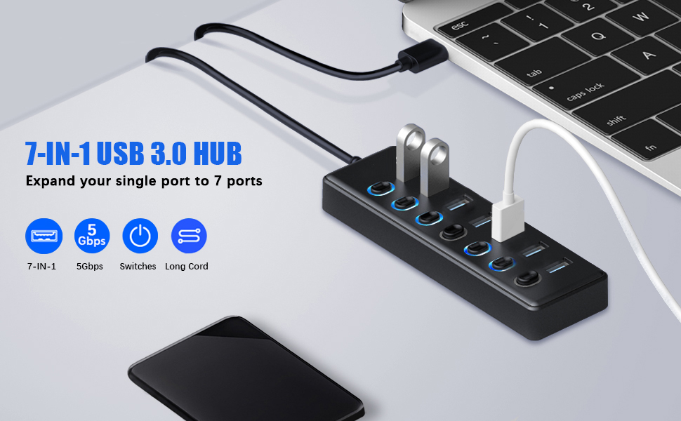 USB 3.0 Hub, 7-Port USB 3.0 Hub Splitter with LED Individual On/Off Switches and 3ft/1M Extended Lon