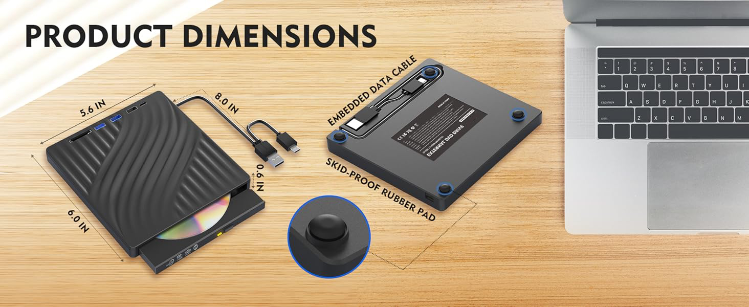 Multi-Function External CD/DVD Drive with 3 USB A, 1 USB C & SD Card Reader, Portable DVD Player Bur