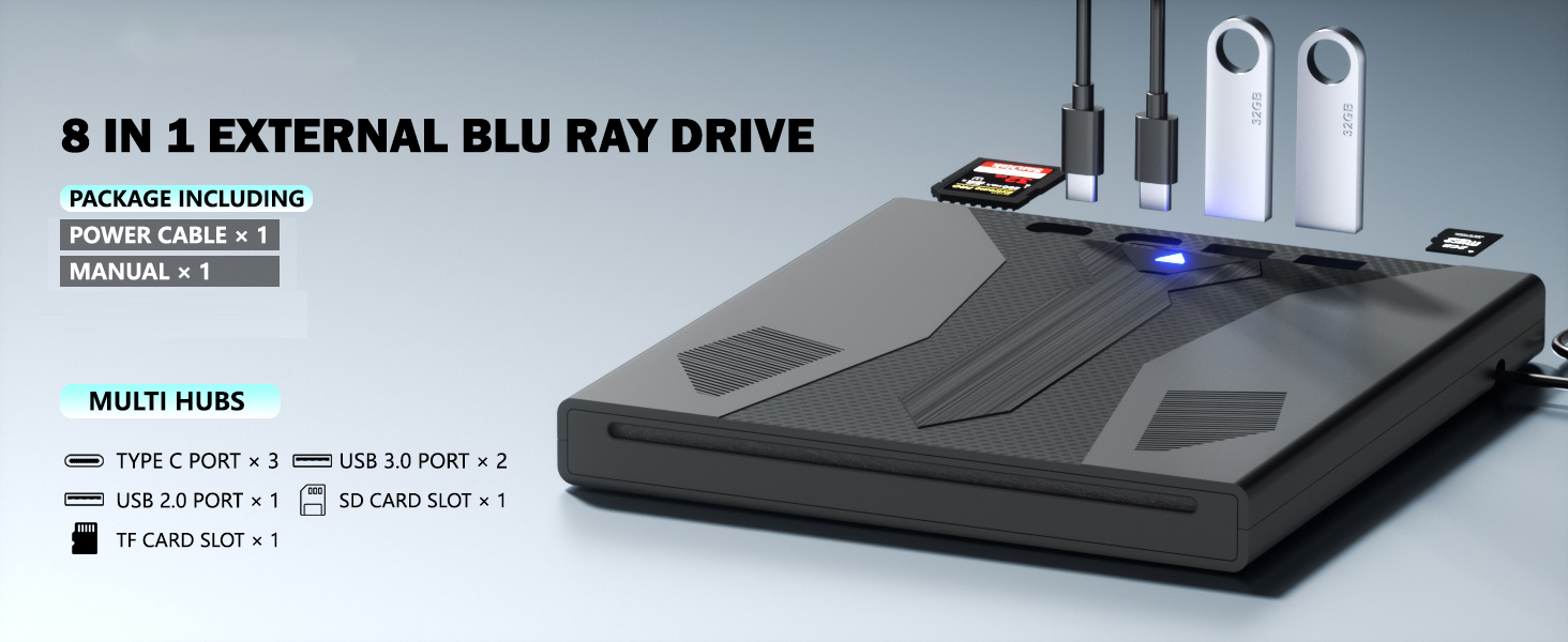 IHDAPP 8 in 1 External Blu Ray Drive, USB 3.0 and Type-C Blu Ray Burner Portable Blu Ray DVD/CD/BD