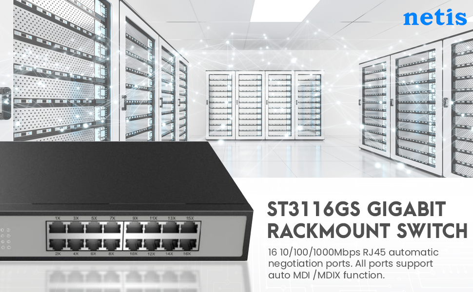 Netis ST3116GS 16 Port Unmanaged 10/100/1000M Gigabit Ethernet Switch with Sturdy Metal Desktop Size